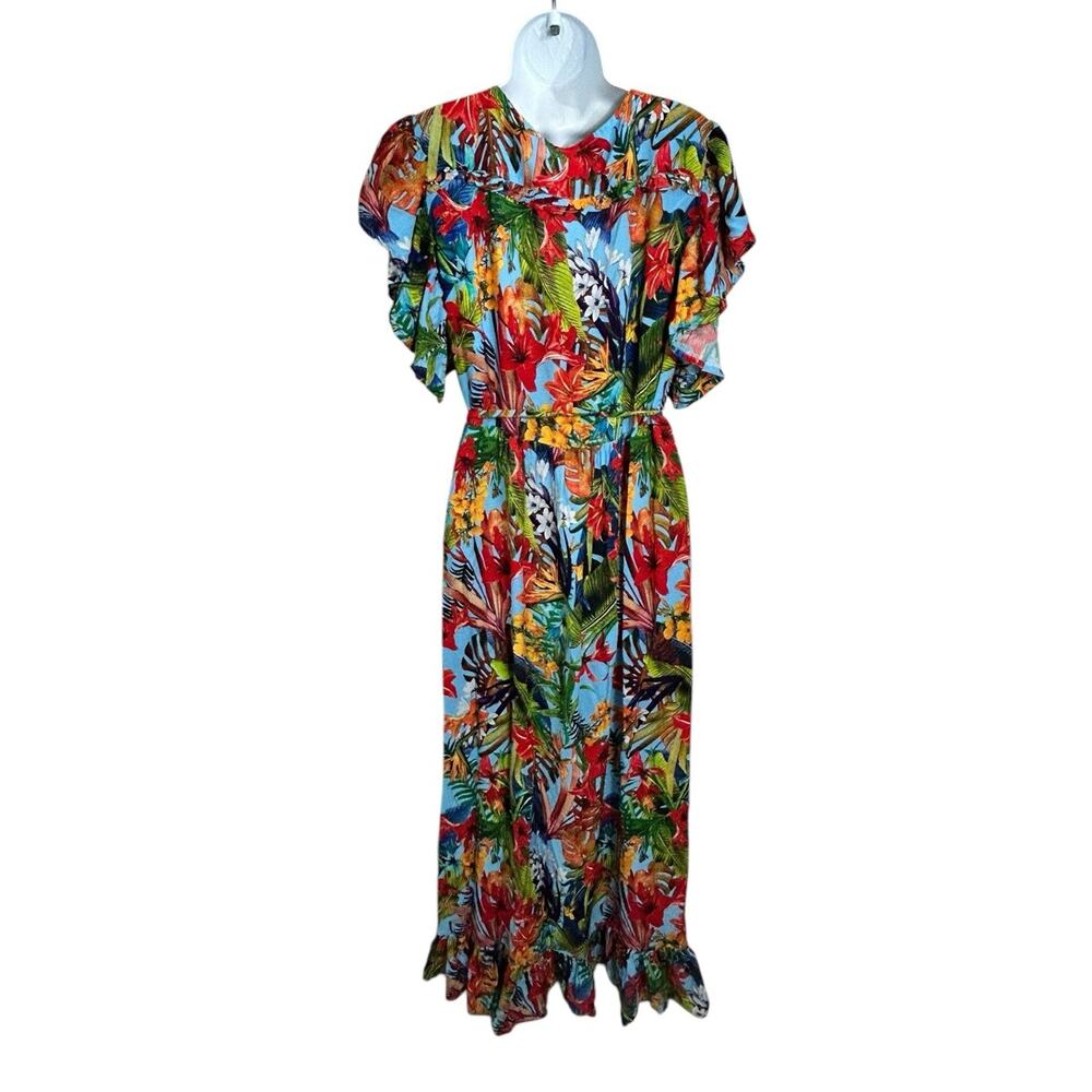 Bali ELF Made By Hand Carmen Floral Tiered Wrap Maxi Dress Sz XL Jungle Oasis - Picture 9 of 10